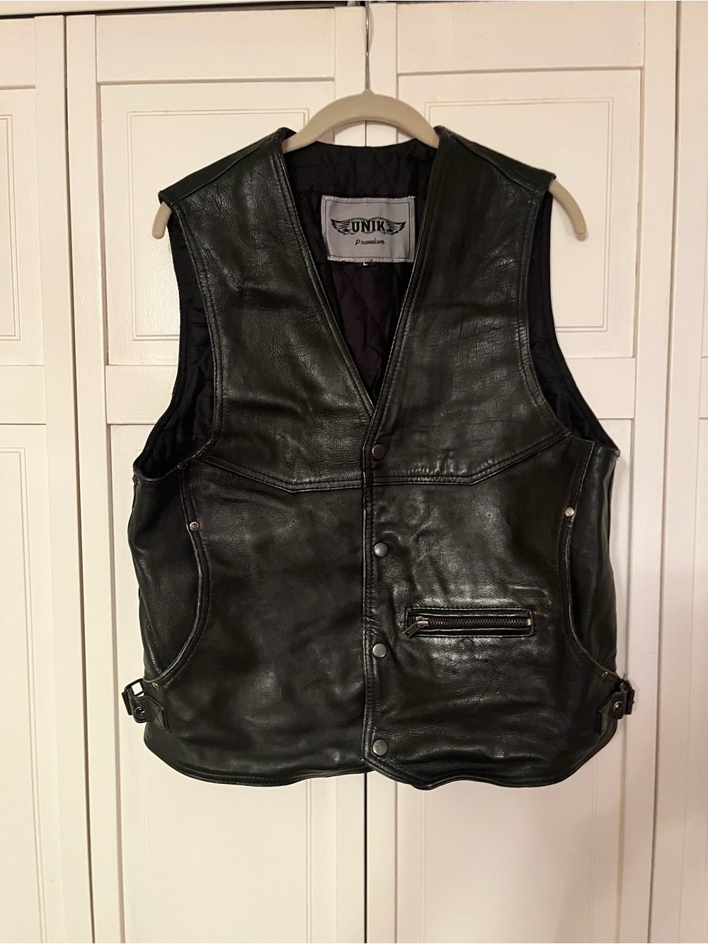 Vintage 80,s Unik Black Leather Biker Vest with Zip Pocket